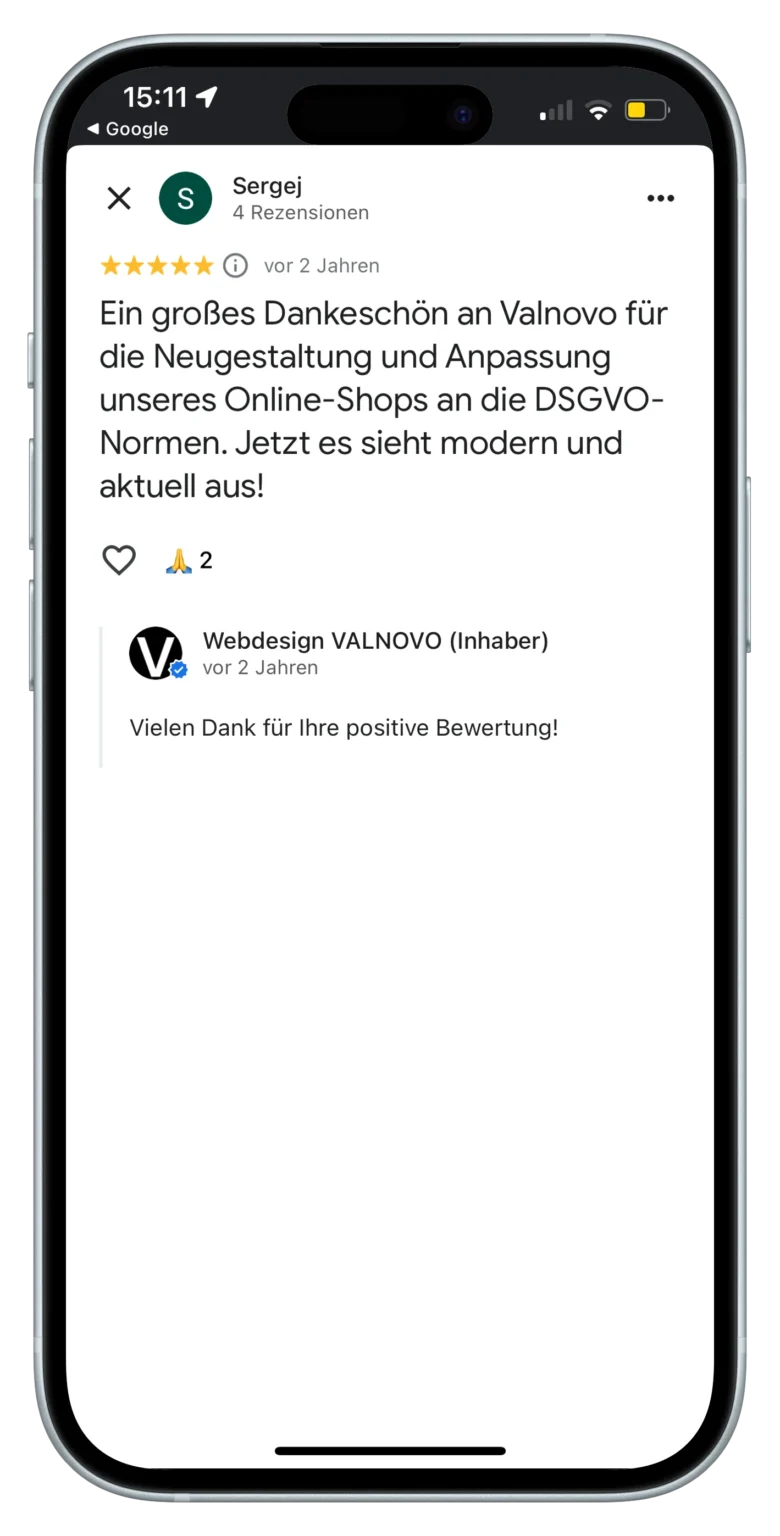 Dankesnachricht einer Kundin nach Fertigstellung ihres Onlineshops-portrait