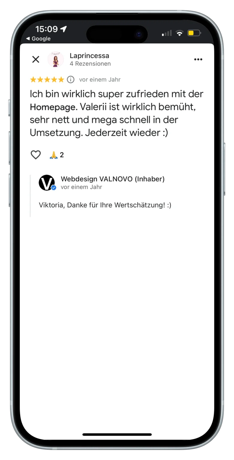 Google-Bewertung einer Kundin, die Valerii für die professionelle Erstellung ihrer Website lobt-portrait