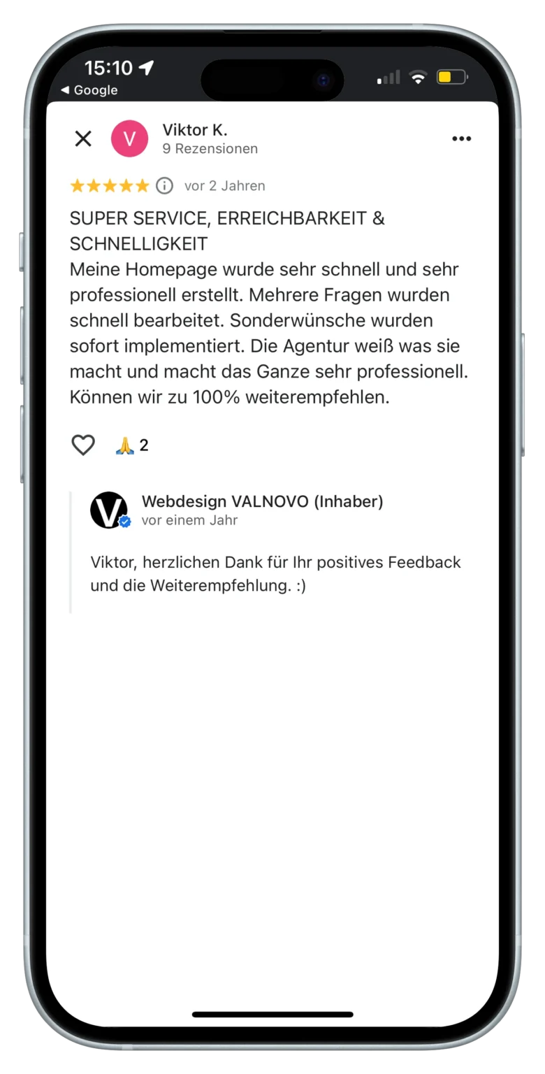 Screenshot einer 5-Sterne-Bewertung für Valnovo Webdesign mit Dank für schnelle Umsetzung-portrait