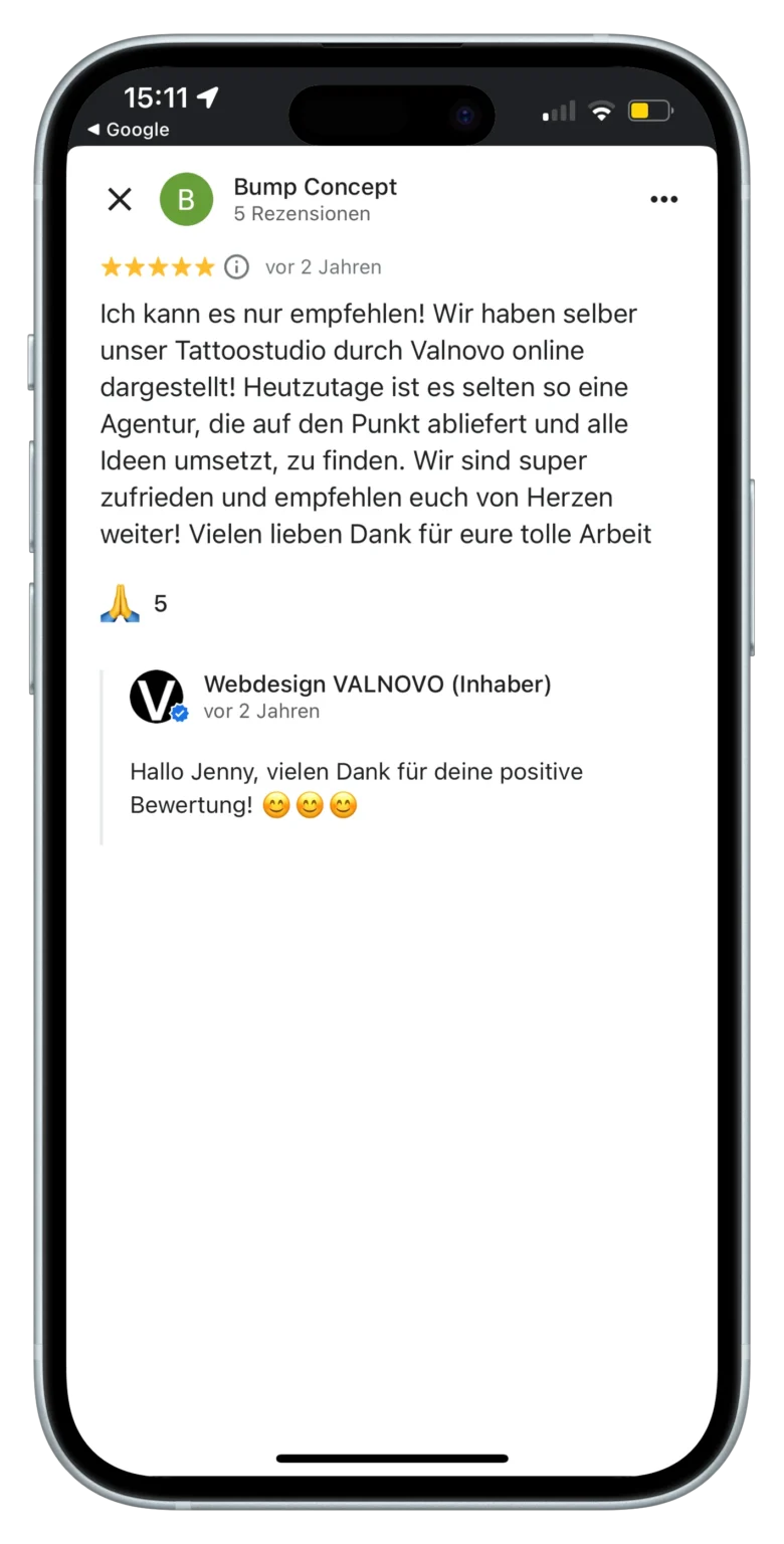 Screenshot einer Bewertung mit Lob-portrait