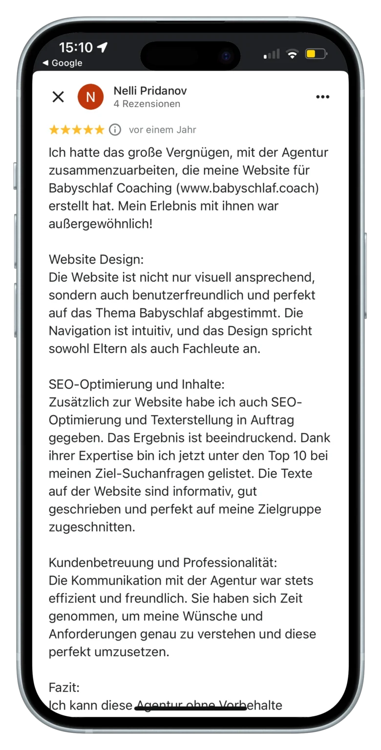 Screenshot einer Nachricht mit Empfehlung von Valnovo als Webdesigne-portrait