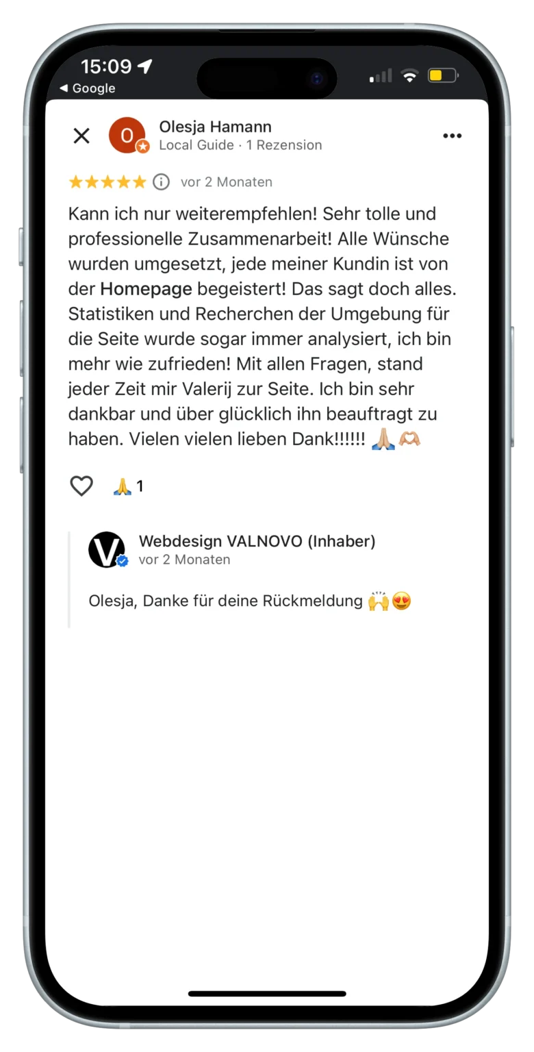 Screenshot einer WhatsApp-Nachricht mit 5-Sterne-Feedback für Valnovo-portrait